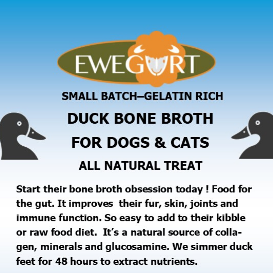 DUCK broth is great for protein allergies, arthritis & pets affected by cold weather & compromised auto-immune health